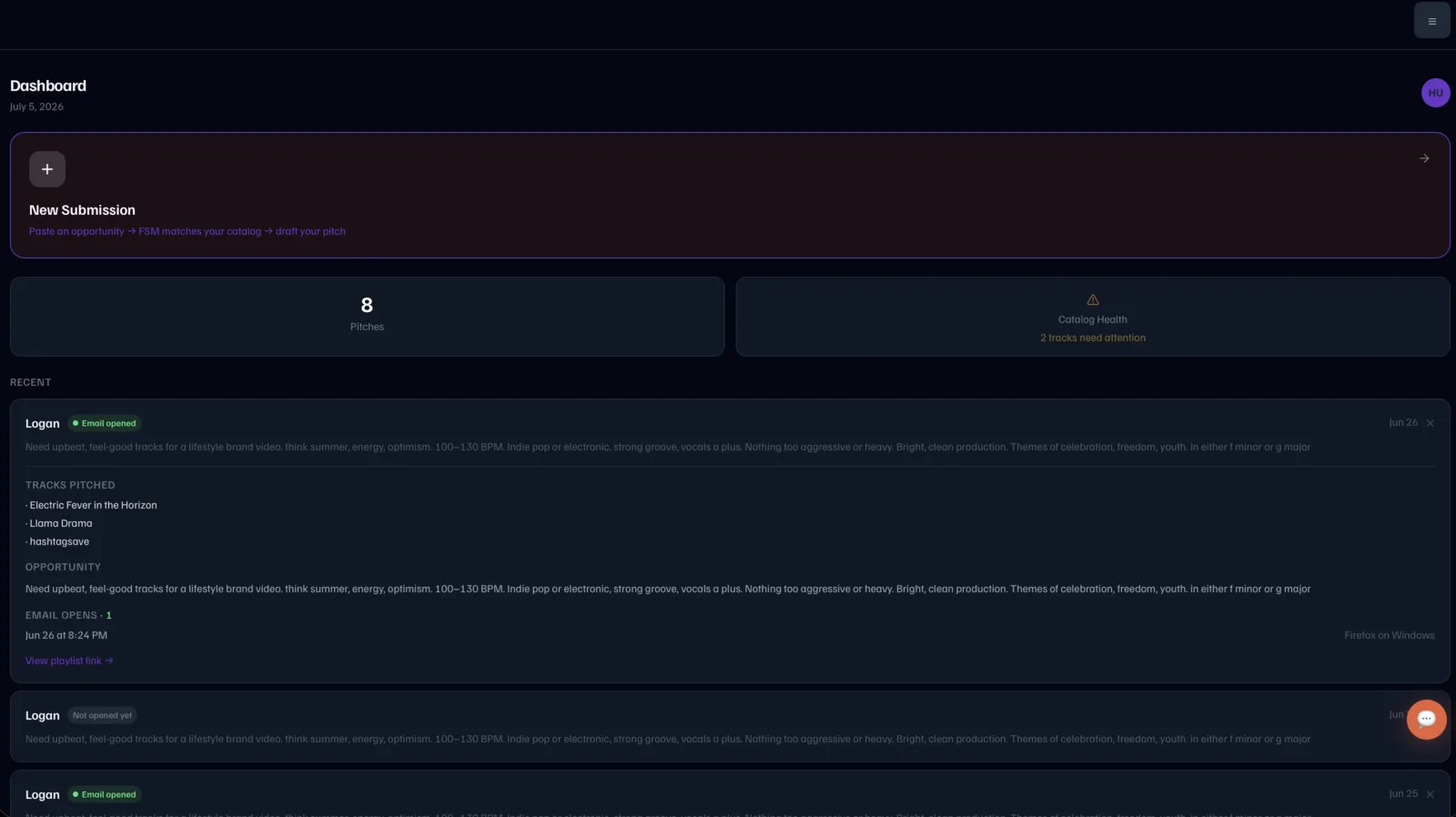 FirstSend Music dashboard showing active pitches, catalog health, and recent pitch activity with email-open tracking